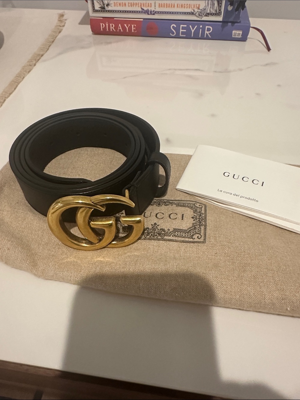 Gucci Markont Black Leather Belt with Gold Double G Buckle